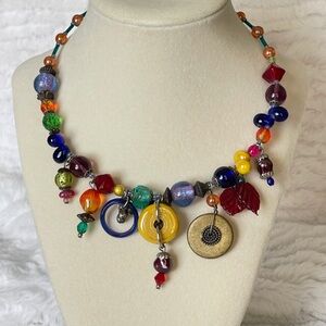 Signed Vintage 1990s Treska Lampwork Glass Statement Necklace Boho Artisan